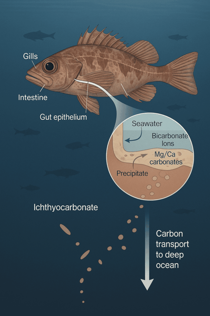 As seawater passes through the intestine, bicarbonate ions secreted by the gut epithelium react with calcium and magnesium to form carbonate precipitates. These are excreted as solid particles (ichthyocarbonates) that sink, contributing to carbon transport in the deep ocean.